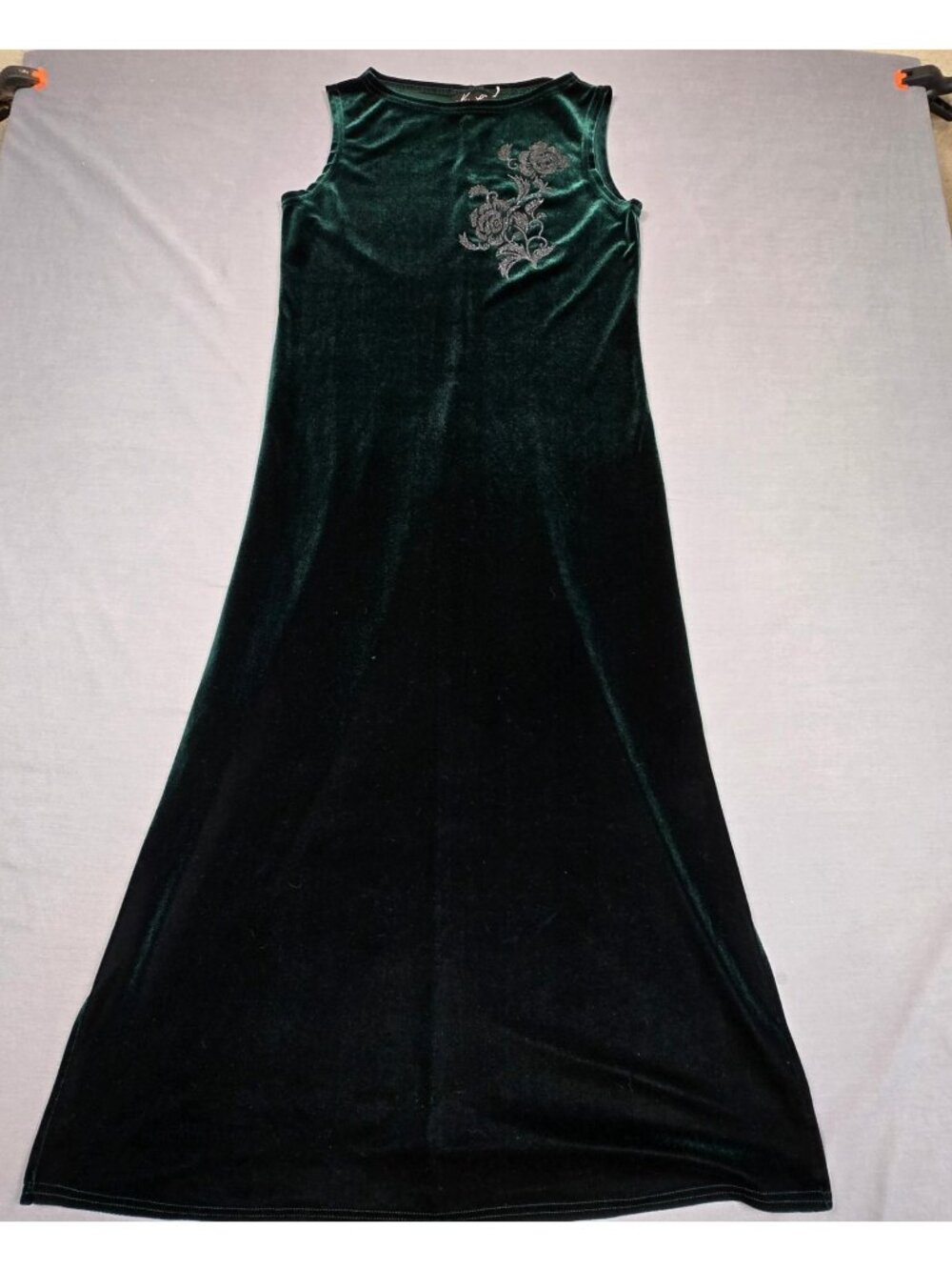 Vintage Kathie Lee Small Emerald Green Velvet Maxi Dress Sleeveless Floral